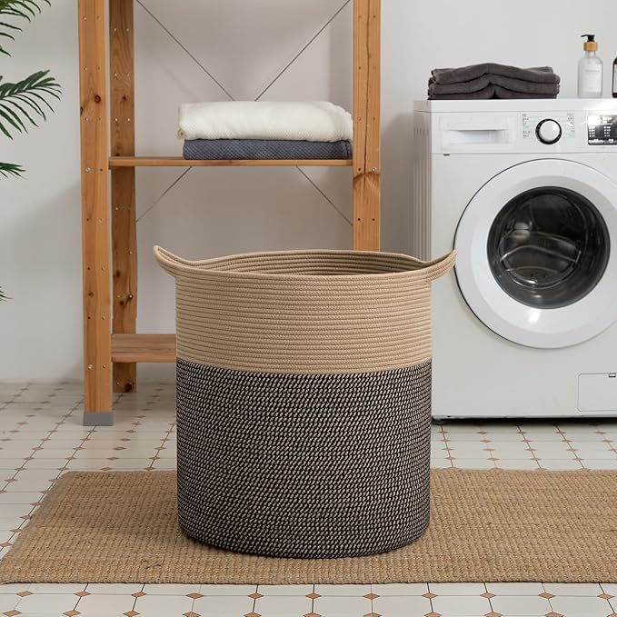 Laundry Basket, 100L Large Laundry Hamper, Tall Woven Rope Storage Basket for Blanket Toys Pillows Towels, Baby Nursery Hamper Bin for Living Room, Bedroom (Black & Yellow)