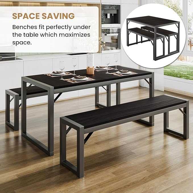 SHA CERLIN Kitchen Dining Table Set for 4 with Benches, Rustic Small Space Saving Dinette, Heavy Duty Metal Frame