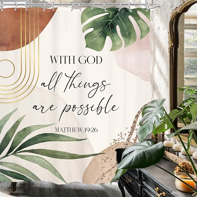 Glawry Boho Bible Verse Shower Curtain Inspirational Scriptures Quotes Abstract Tropical Palm Leaf Mid Century Bathroom Christian 72Wx72L Inches Bath Accessories Art Home Decor Fabric 12 Pack Hooks