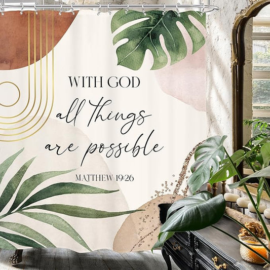 Glawry Boho Bible Verse Shower Curtain Inspirational Scriptures Quotes Abstract Tropical Palm Leaf Mid Century Bathroom Christian 72Wx72L Inches Bath Accessories Art Home Decor Fabric 12 Pack Hooks