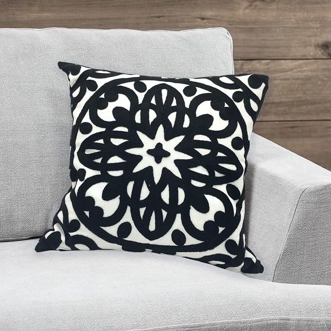 Alysheer Embroidered Decorative Throw Pillow Cover 18x18 inch, Classic Boho Mandala Chic Knit Pattern, 100% Cotton Canvas Cozy Cushion Case for Sofa Couch Living Room Bedroom(Black)