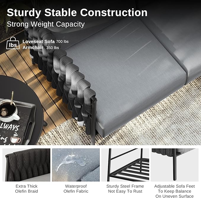 EAST OAK Life Chatter 4 Pieces Patio Furniture Set, Outdoor Furniture with Coffee Table, Patio Conversation Set Deep Seating with Thick Cushion, Backyard Porch Balcony, Earth Black & Misty Grey