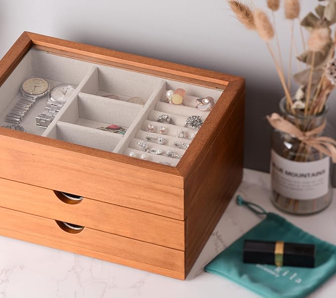 Jewelry Box with Glass Lid, 3 Layer Jewelry Organizer for Women, Solid Wooden Jewelry Box Display for Ring Earrings Necklace Bracelet, Pine Wood Jewelry Boxes Vintage Style for Gifts