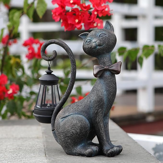 Whimsical Outdoor Cat Statues with Solar Garden Lantern:Cat Garden Statues for Outside Spring Decor Clearance,Outdoor Figurine for Yard Art Lawn Ornaments Patio Balcony Home House - Birthday Gifts