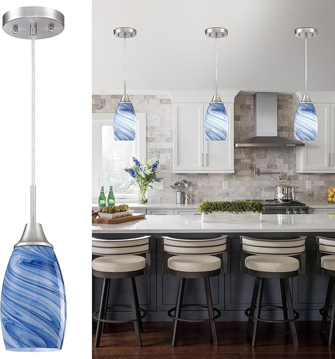 Glass Pendant Light with Handblown Dark Blue Marble Art Glass Shade Ceiling Light 3-Pack Mini Hanging Pendant Light for Kitchen Island,Dining Room,Living,Foyer,Hallway