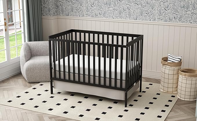 Baby Crib 5-in-1 Convertible, Wooden Nursery Cribs Converts to Toddler Bed, Daybed and Full Size Bed, 3 Adjustable Base, Non-Toxic Finish (Black)
