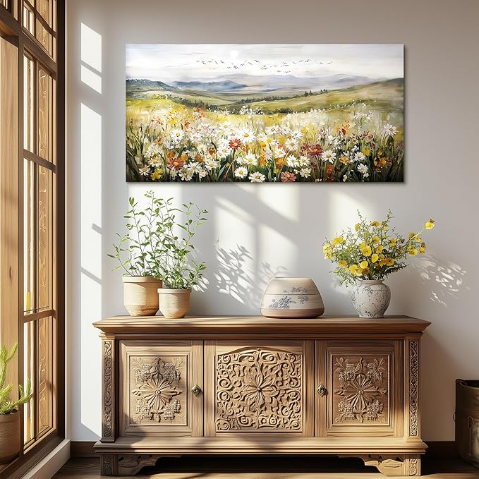SERIMINO Nature Landscape Wall Art, Mountain Daisy Extra Large Artwork, Wildflower Meadow Rustic Home Decor Art Prints, French Country Aesthetic Paintings Wall Decor Living Room Dining Room 30X60 Inch