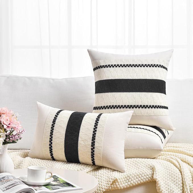 Fancy Homi Set of 2 Boho Black Lumbar Decorative Throw Pillow Cover 12x20 Inch for Couch Bed Sofa Chair, Modern Organic Farmhouse Home Decor, Soft Cotton Cute Accent Rectangle Cushion Case