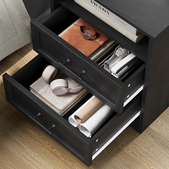 Farmhouse Nightstand with Charging Station, Black Wood Bedside Table & End Table with 2 Drawers and Unique Base Design, Side Table Storage Cabinet with Metal Handles for Bedroom, Living Room