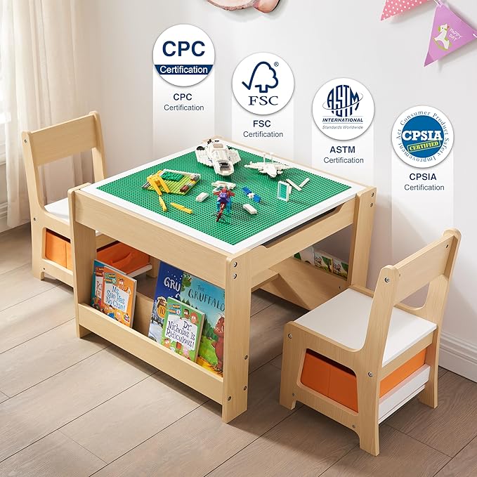Kids Table and Chair Set, 4 in 1 Wooden Activity Table with Bookshelves and Storage Drawer, 2 in 1 Detachable Tabletop Construction Play Table Set for Drawing, Reading, Build Blocks