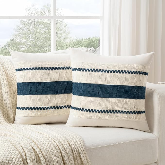 Fancy Homi Set of 2 Boho Teal Big Decorative Throw Pillow Cover 24x24 Inch for Couch Bed Bedroom, Aesthetic Modern Organic Farmhouse Room Decor, Soft Cotton Accent Macrame Woven Cushion Case