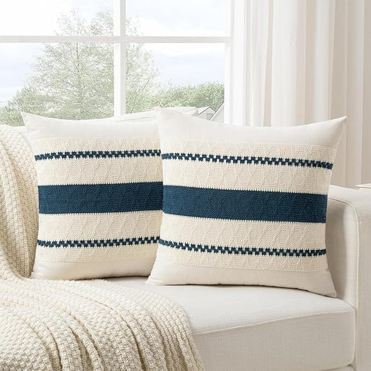 Fancy Homi Set of 2 Boho Teal Euro Decorative Throw Pillow Cover 26x26 Inch for Couch Bed Bedroom, Aesthetic Modern Organic Farmhouse Room Decor, Soft Cotton Accent Macrame Woven Cushion Case