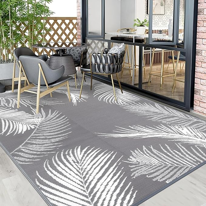 Pauwer Waterproof Outdoor Rug 8x10, Reversible Plastic Straw Patio Camping Rug, Indoor Outdoor RV Mat Carpet for Deck, Camper, Porch, Balcony, Backyard, Picnic, Leaf Grey