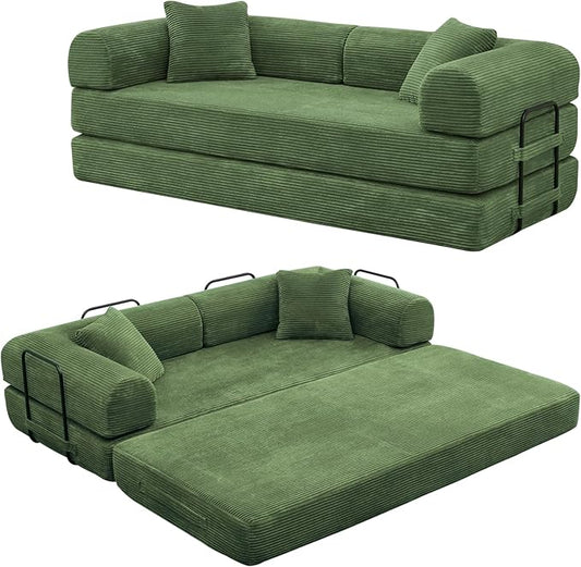 Rovibek 4-in-1 Convertible Sleeper Sofa Bed Queen Size, Foldable Floor Couch Corduroy, Folding Futon Sofa Beds with Pillow and Fixed-Shape Frame, Suitable for Living Room, Bedroom, Lounge, Green