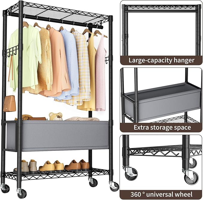 Clothes Rack,Heavy Duty Garment Rack 3 Tier Adjustable With Removable Clothe Basket,Wheels Free Standing Rolling Wire Shelving Clothing Racks for Hanging Clothes Metal Portable Closet