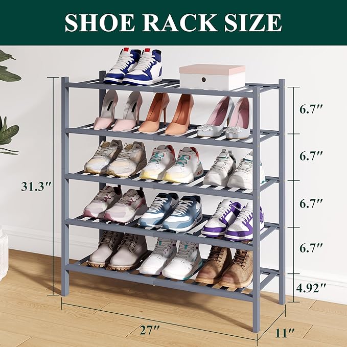 Smiry Bamboo Shoe Rack for Closet, 5 Tier Wooden Stackable Shoe Organizer, Free Standing Shoes Storage Shelf for Entryway, Front Door Entrance, Grey