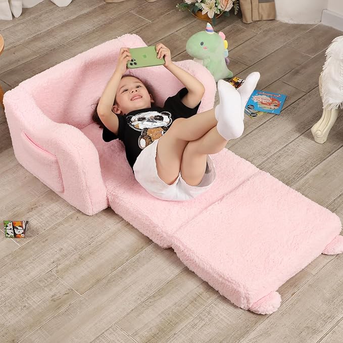 Kids Chairs for Toddler, 2-in-1 Toddler Soft Sherpa Couch Fold Out, Convertible Sofa to Lounger for Girls and Boys, Teddy Bear, Pink