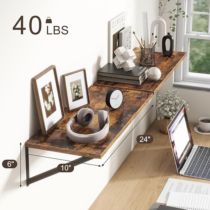 Deep Floating Shelves for Wall, 24"W x 10"D Wall Shelves Set of 2, 10 Inch Deep Floating Shelf with Brackets, Wide Display & Storage Shelves for Books, Living Room, Kitchen, Bathroom, Rustic Brown