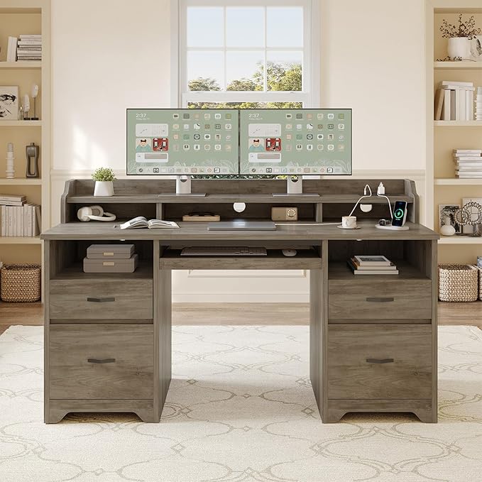 Bestier Farmhouse 59" Executive Desk with Drawers, Wood Computer Desk with Charging Station, Home Office Desk with Keyboard Tray & Monitor Stand, Sturdy Pedestal Desk for Work Study, Grey