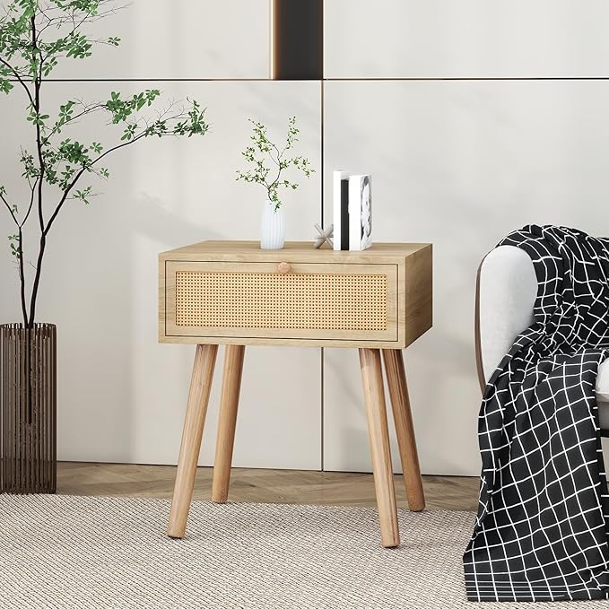 IBUYKE Hidden Compartment Nightstands, Rattan Nightstand with Wood Legs, Boho Side Table Concealment Furniture, Bedside End Table for Bedroom, Easy Assembly, Natural UWNS010N