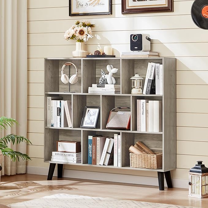 LEYAOYAO 10 Cube Bookshelf,3 Tier Modern Wide Bookcase with Legs,Mid-Century Wood Bookshelves Storage，Retro Grey Large Book Case,Freestanding Organizer Display Shelf for Bedroom,Living Room,Office