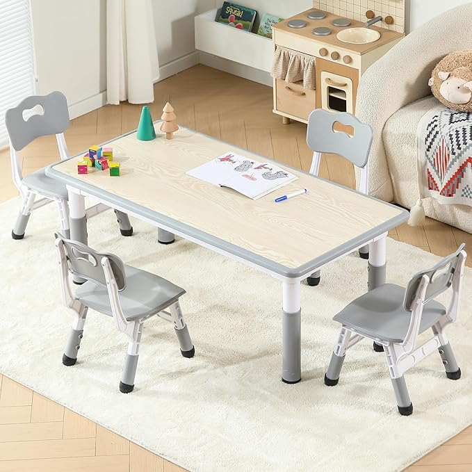 Kids Table and 4 Chairs Set, Height Adjustable Toddler Table and Chairs Set with Rubber Foot Covers, Graffiti Desktop Children Activity Table for Ages 2-10, Daycare, Classroom