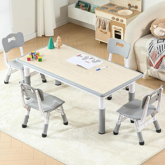 Kids Table and 4 Chairs Set, Height Adjustable Toddler Table and Chairs Set with Rubber Foot Covers, Graffiti Desktop Children Activity Table for Ages 2-10, Daycare, Classroom