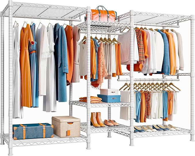 Raybee Clothes Rack Heavy Duty Clothing Racks for Hanging Clothes Adjustable Hanging Clothes Rack Garment Rack, White, 13.9" D x 70.6" W x 77" H