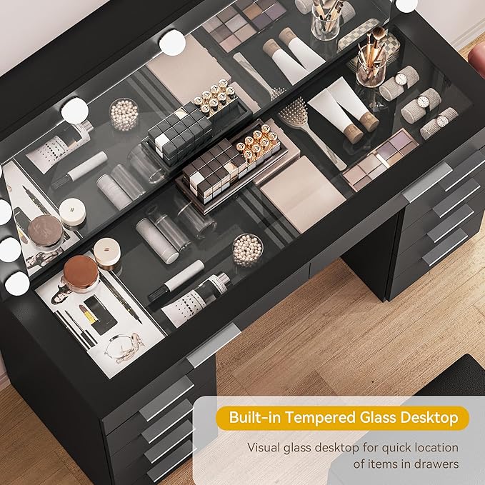 DWVO 46'' Glass Top Vanity Desk with 10 Drawers, Makeup Vanity Set with with Large Mirror and 12 LED Lights, Dressing Table with Charging Station & Storage Chair, 3-Color Light Modes, Black
