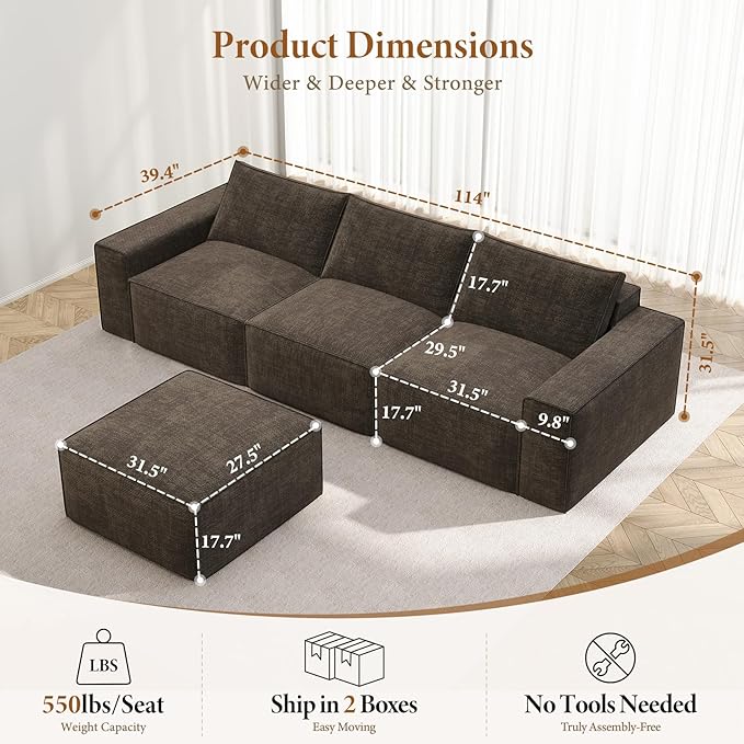 Vesgantti 114" Boneless Modular Sectional Sofa, Modern 3 Seater Couch with Ottoman & Deep Seat, Convertible Chenille L Shaped Cloud Couches for Living Room, No Assembly Required, Dark Brown