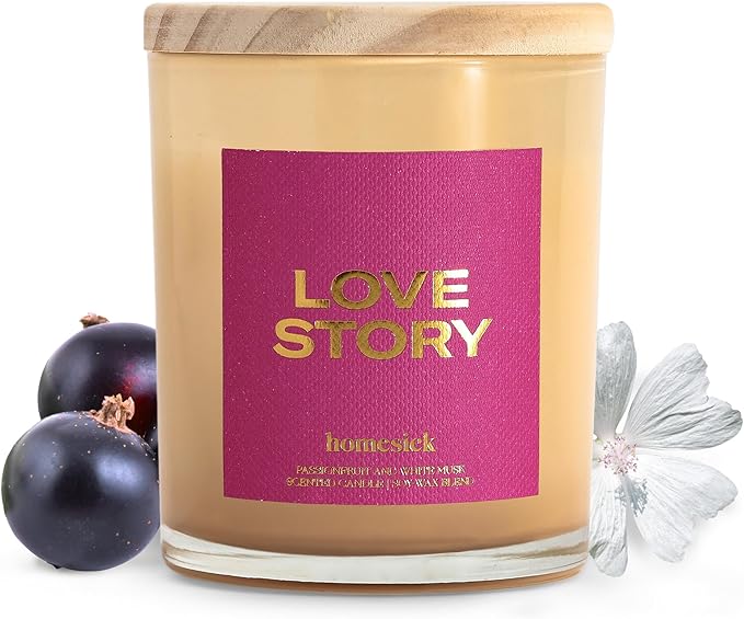 Homesick Scented Candles for Home (Love Story) - 7.5 oz Long-Lasting Natural Soy Wax Blend Jar Candle Gift for Women & Men for All Occasions, 30-35 Hours Burn Time - Notes of Blackcurrant & Cardamom