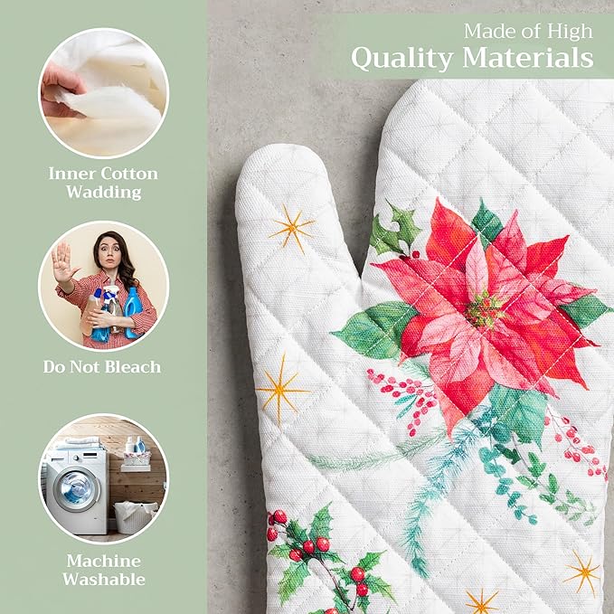 Maison d' Hermine Oven Gloves 100% Cotton Oven Mitt 7" x 13" with Loop Heat Resistant Cooking Gloves for Thanksgiving Christmas Decorations Baking Handling Hot Pans (Pack of 1, Poinsettia Christmas)