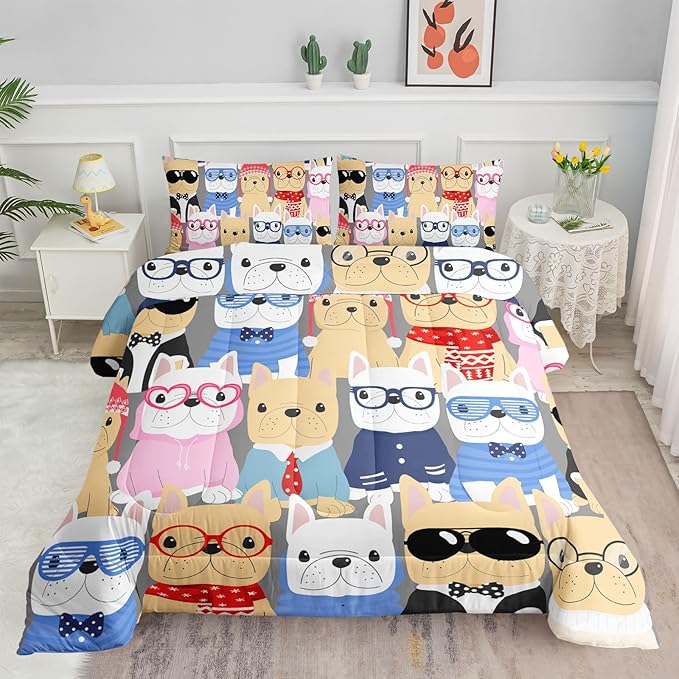 Dog Comforter Bedding Set for Kids - Puppy Pug Cute Pattern Cartoon Career Pet Bedding With 1 Comforter and 2 Pillowcases (Full)