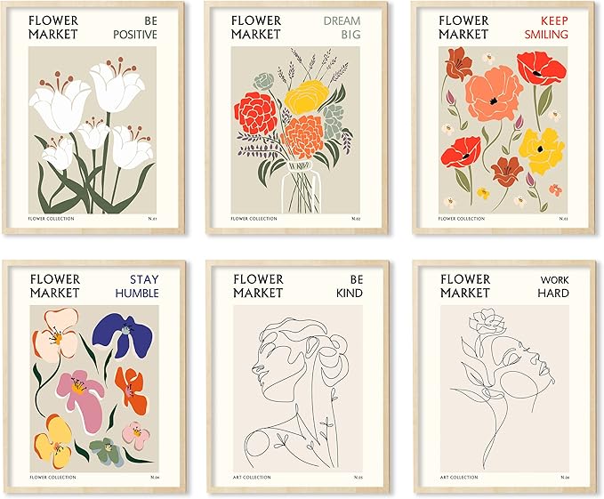 Flower Market Wall Art Prints Botanical Aesthetic Decor Minimalist Poster Inspirational Theme Flower Line Photo Vintage Abstract Pictures Canvas Wall Art Colorful Floral Wall Decor for room (11x14