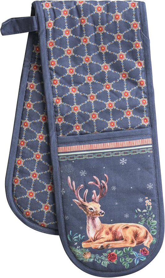 Maison d' Hermine Double Oven Mitt (7" x 35") 100% Cotton Heat Resistant BBQ Cooking Gloves with Loop for Thanksgiving Christmas Decorations Baking Cooking Barbeque Handling Hot Pan (Christmas Joy)