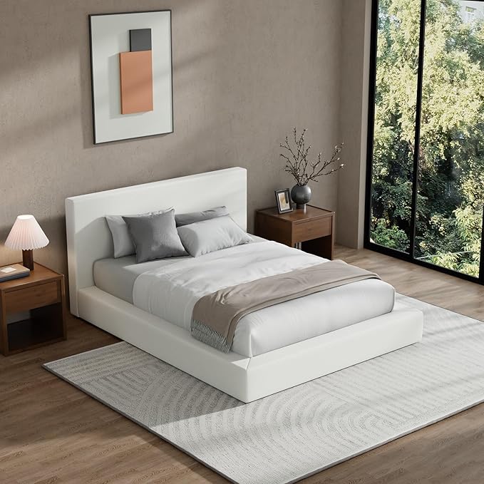 RECCI Cloud Upholstered Full Bed Frame with Headboard, 5 Inch Foam Padded Platform, No Box Spring, Easy Assembly (Off-White)