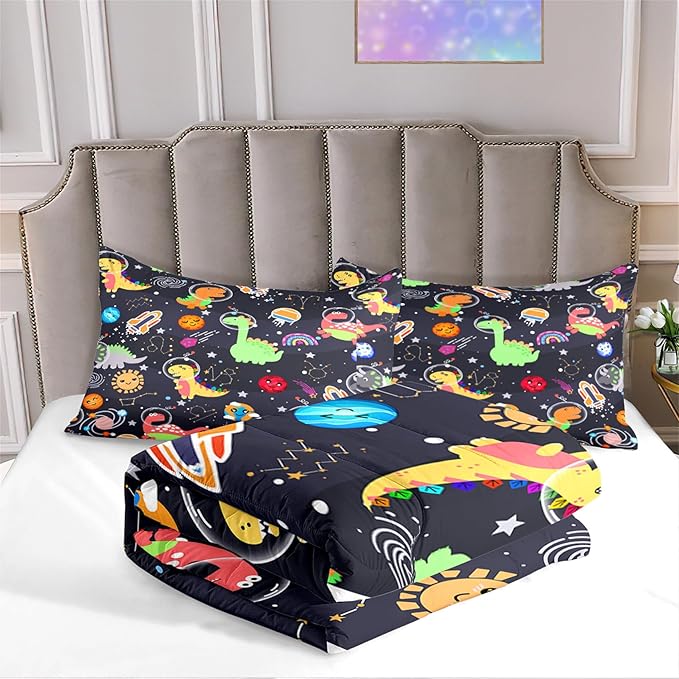 Cartoon Dinosaur Comforter Set - Boys Full Size Dinosaur Bedding Set for Bedroom Dinosaurs Quilt with 2 Pillowcases for Kids Girls Boys Room Decor, 3 Pieces