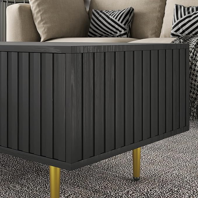 Modern Coffee Table with Storage with 2 Big Drawers, Black Rectangle Coffee Table for Living Room, Wooden Fluted Table Accent Tea Table for Living Room Apartment Small Space