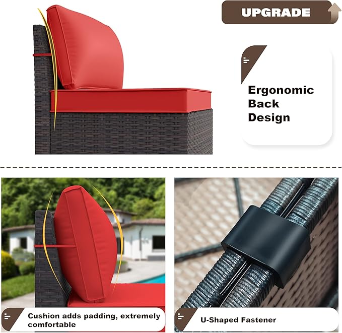 Kurapika 7 Pieces Patio Furniture Set, Rattan Outdoor Conversation Sets w/43in Propane Fire Pit Table and 4 Inch Cushion(Red)