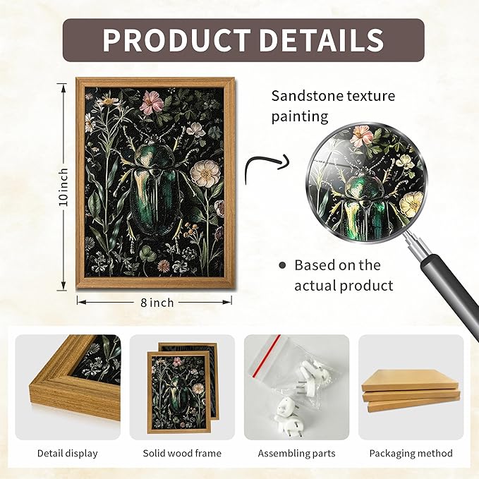 Framed Vintage 3D Textured Wall Art - Gothic Dark College Beetle Wall Decor - Hand Drawn Sandstone Nature Botanical Pictures for Living Room Bedroom Home Decor 8x10in