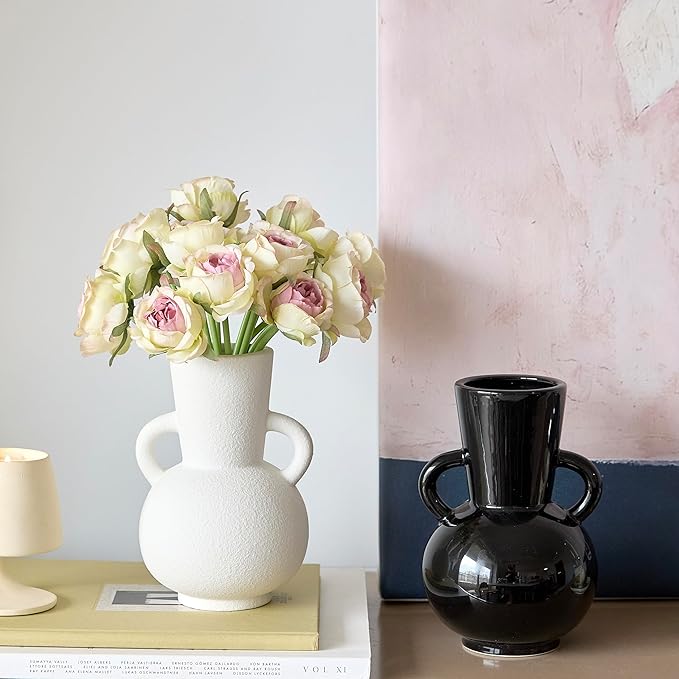 7 Inch Black Ceramic Vase with 2 Handles, Modern Flower Vase Decorative Vases for Bouquet, Unique Vases for Home Decor Farmhouse Living Room Table Centerpieces Wedding Decorations