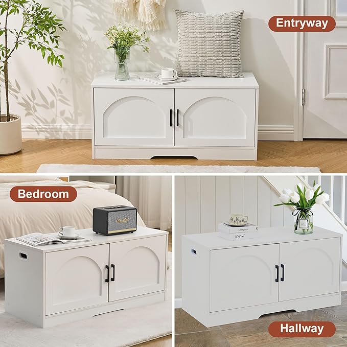 Storage Bench, 39.4" Shoe Bench with Storage, 2 Tier Entryway Bench with 2 Doors, Adjustable Shelf, 39.4" W x 15.8" D x 18.1" H, Holds up to 330lbs for Entryway Living Room Bedroom Hallway, White