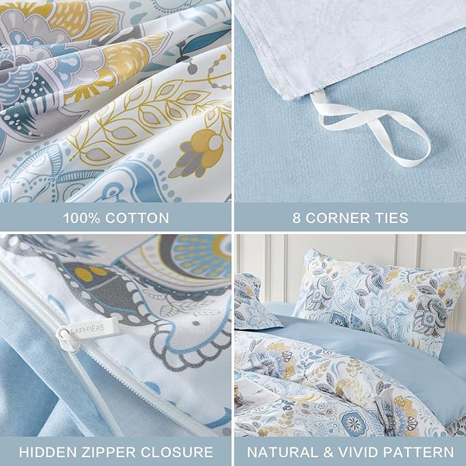 SAPHREAS Blue Floral Duvet Cover King Size Geometric Pattern Botanical Blossom Bedding Comforter Cover Set 100% Cotton 1 Duvet Cover 2 Pillow Shams, Comforter Not Included