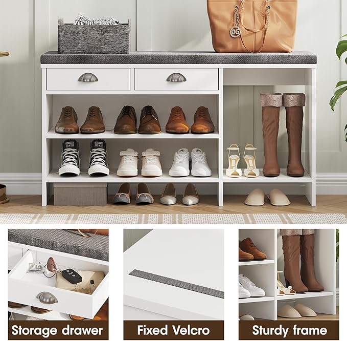 Maupvit Shoe Storage Bench with Cushion, Shoe Bench with Padded Seat, Entryway Storage Bench with Drawer, 2 Compartments, Wood Shoe Rack for Bedroom, Closet, Living Room, Hallway (White)