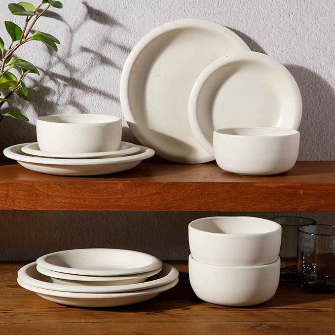 Bloomhouse Corsica Clay 12 Piece Stoneware Rustic Reactive Glaze Dinnerware Set - Stackable Plates and Bowls Set. Service for 4 - Matte Sea Salt White