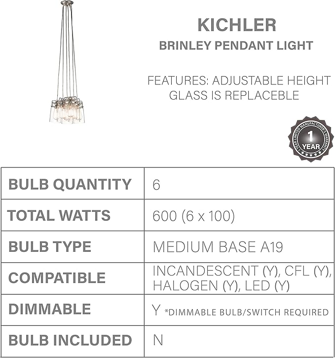 KICHLER Brinley 7.75" 6 Light Pendant with Clear Glass Brushed Nickel
