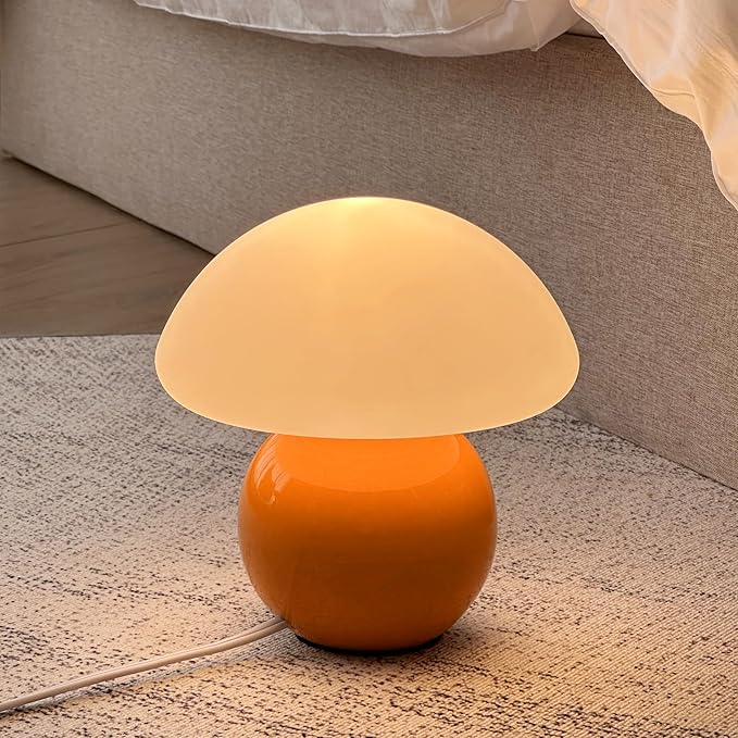 Mushroom Lamp Ceramic Base,Orange Cute 70s Mid Century Modern Decor Lamp for Bedroom,Small Abstract Table Bedside Glass Mood Coze Fun Warm Light