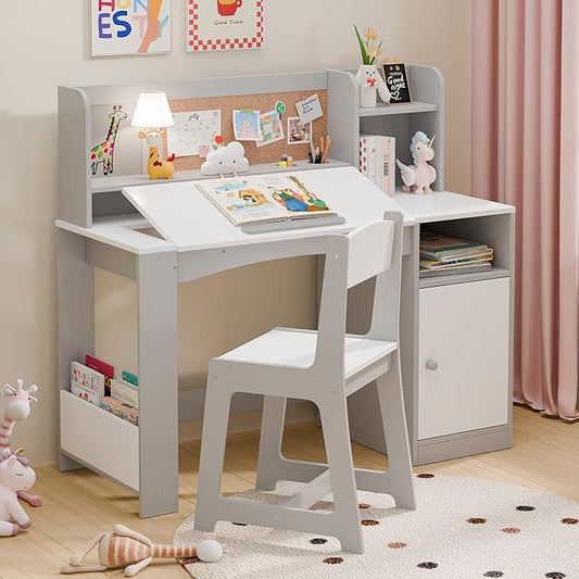 Kids Study Desk with Chair and Tiltable Desktop, Kids Stud Des and Chair Set with Hutch&Storage Cabinet, Wooden Children Study Table for 5-12 Years Old, Student Writing Desk for Bedroom (Grey)