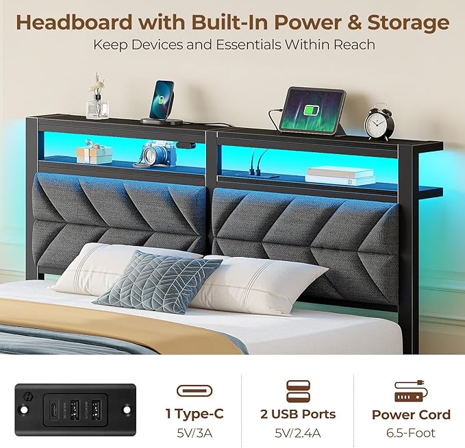 Seventable Bed Frame Queen Size with Charging Station, LED Bed with Upholstered Storage Headboard, Metal Platform Bed with Under Bed Storage, No Box Spring Needed, Noise Free, Easy Assembly, Grey