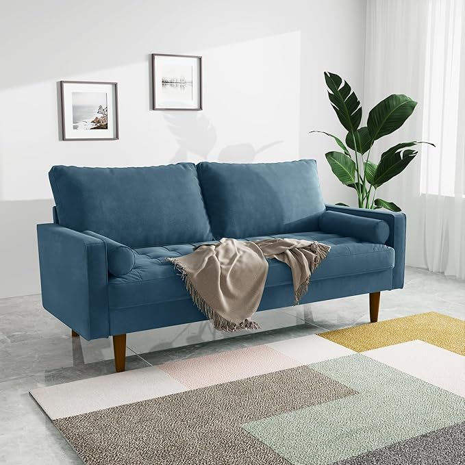 Modern Sofa,70 Inch Velvet Couch for Living Room,Spring Cushions,Solid Wood Frame,Easy Assembly for Small Spaces (Prussian Blue)